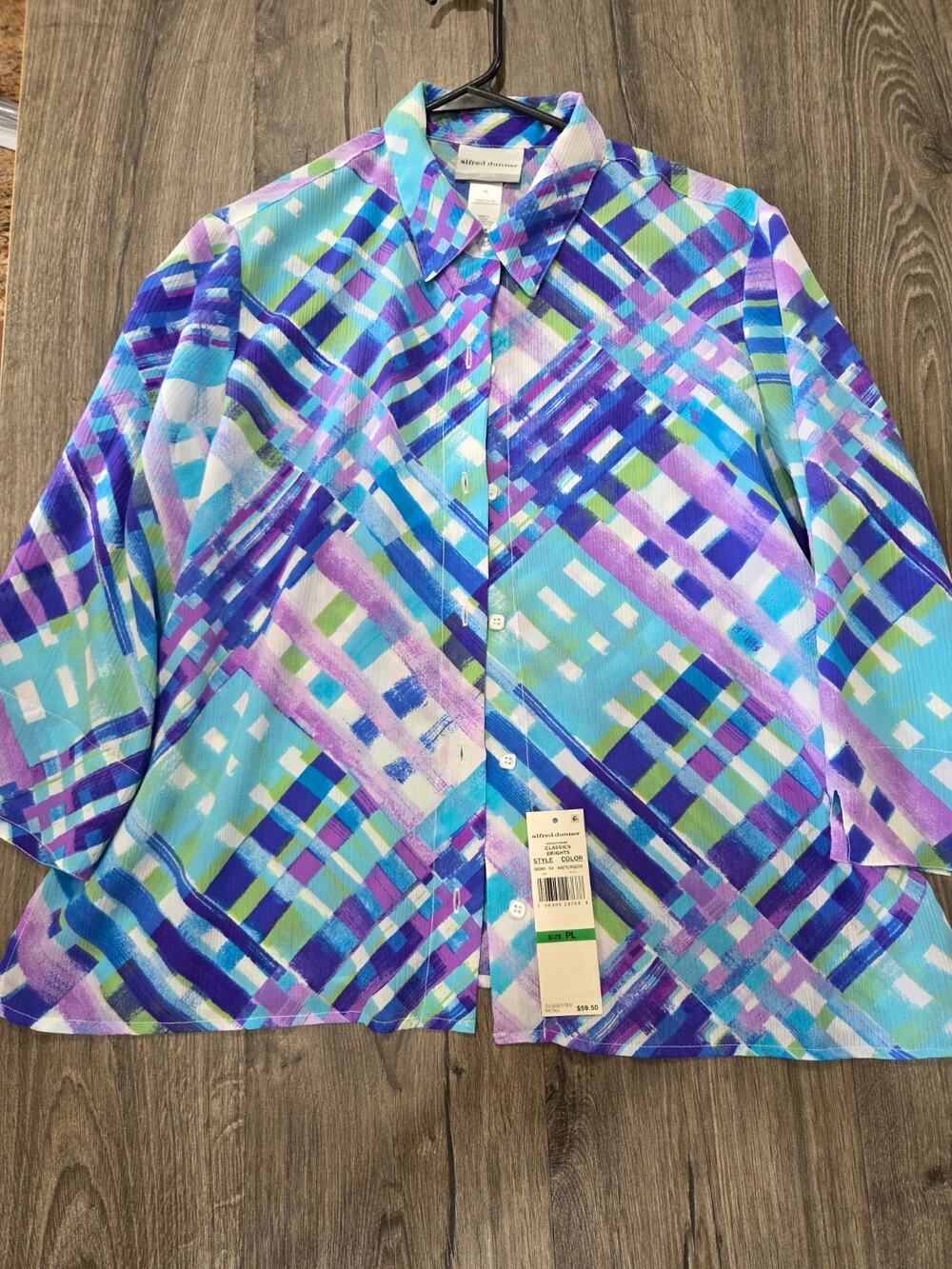NEW Alfred Dunner Women's Classic Brights Lattice Plaid Button Down Top Size PL